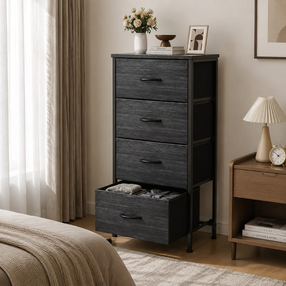 Fabric Dresser with 4 Drawers – Reinforced Edition, Wooden Top & Sturdy Metal Frame, Bedroom Storage Cabinet for Closet, Entryway & Dorm | 6 Colors