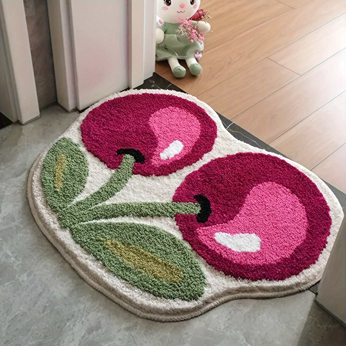 Cherry Shaped Bath Mat Fluffy Velvet Non-Slip Bathroom Rug - Cute Novelty Shower Mat 19.6x23.6 Inch, Machine Washable Fun Artistic Bathroom Door Rug & Foot Pad for Shower or Tub