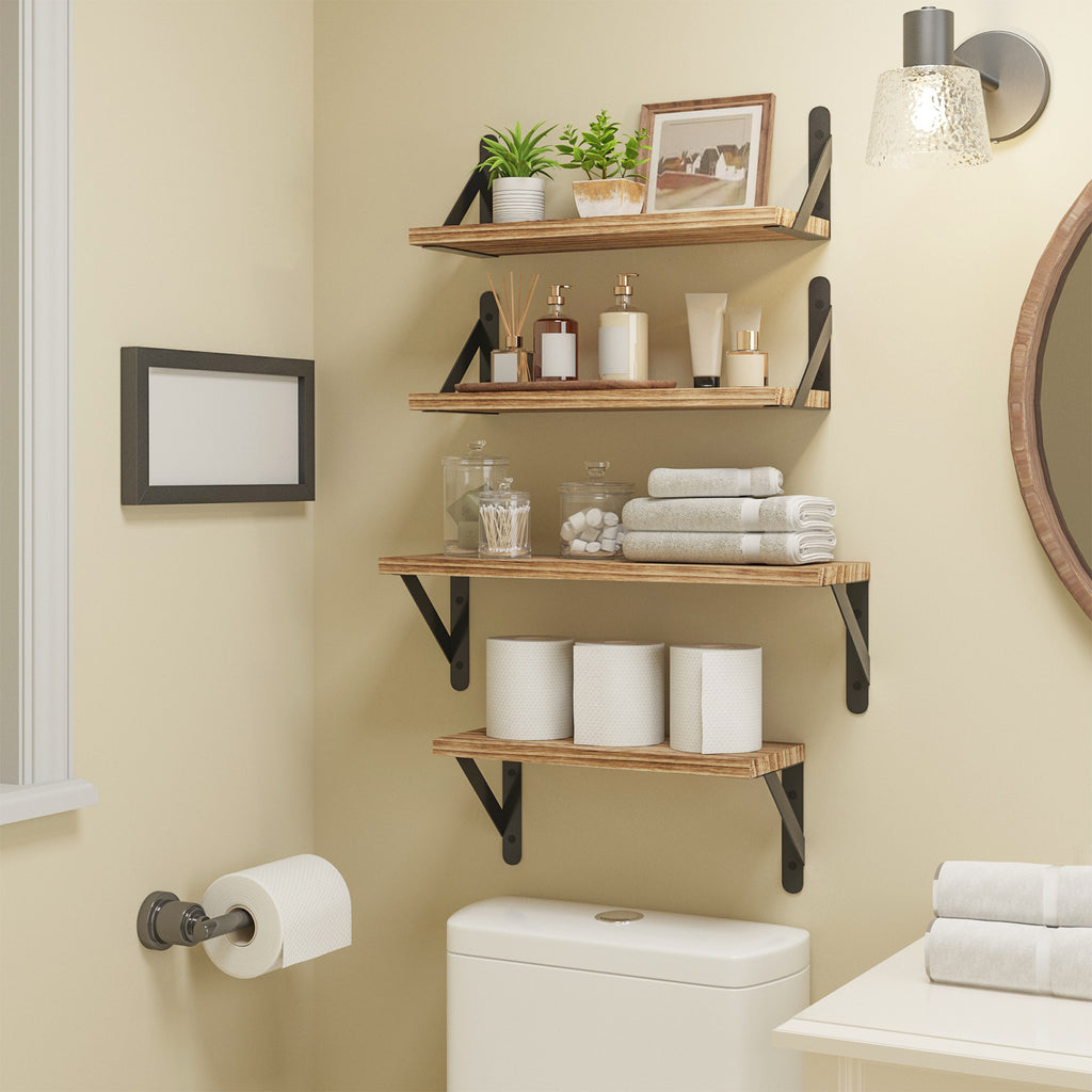 Mixed Size Farmhouse Floating Wall Shelves Set of 4 - Natural Wood Wall Mounted Shelf with Triangle Metal Brackets for Bedroom, Bathroom, Living Room & Kitchen Storage Decor