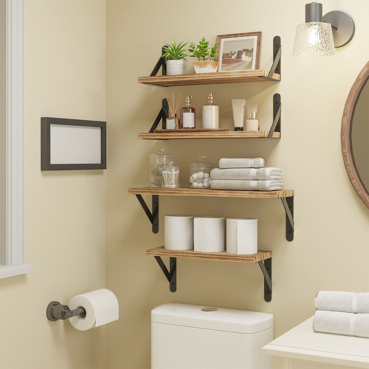 Mixed Size Farmhouse Floating Wall Shelves Set of 4 - Natural Wood Wall Mounted Shelf with Triangle Metal Brackets for Bedroom, Bathroom, Living Room & Kitchen Storage Decor