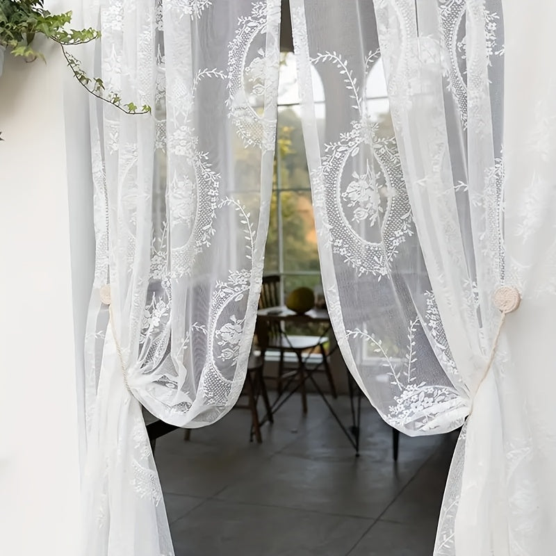 Lace Embroidery Sheer Curtain Rod Pocket Floral for Bedroom, Living Room & Wedding – Machine Washable Unlined Polyester, Glam Decor, 4 Sizes