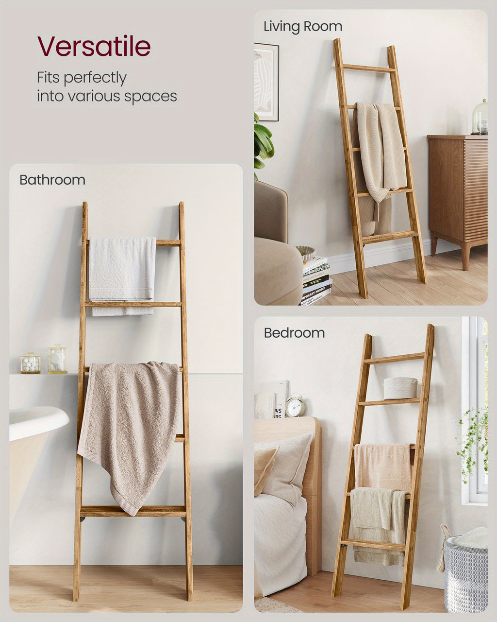 Blanket Ladder 5 Tier Farmhouse Decorative, Wood Ladder Rack for Blankets Towels & Quilts, 2-in-1 Ladder Shelf for Living Room Bedroom Bathroom Storage & Decor, Maroon Brown, Holds 17.6 lbs