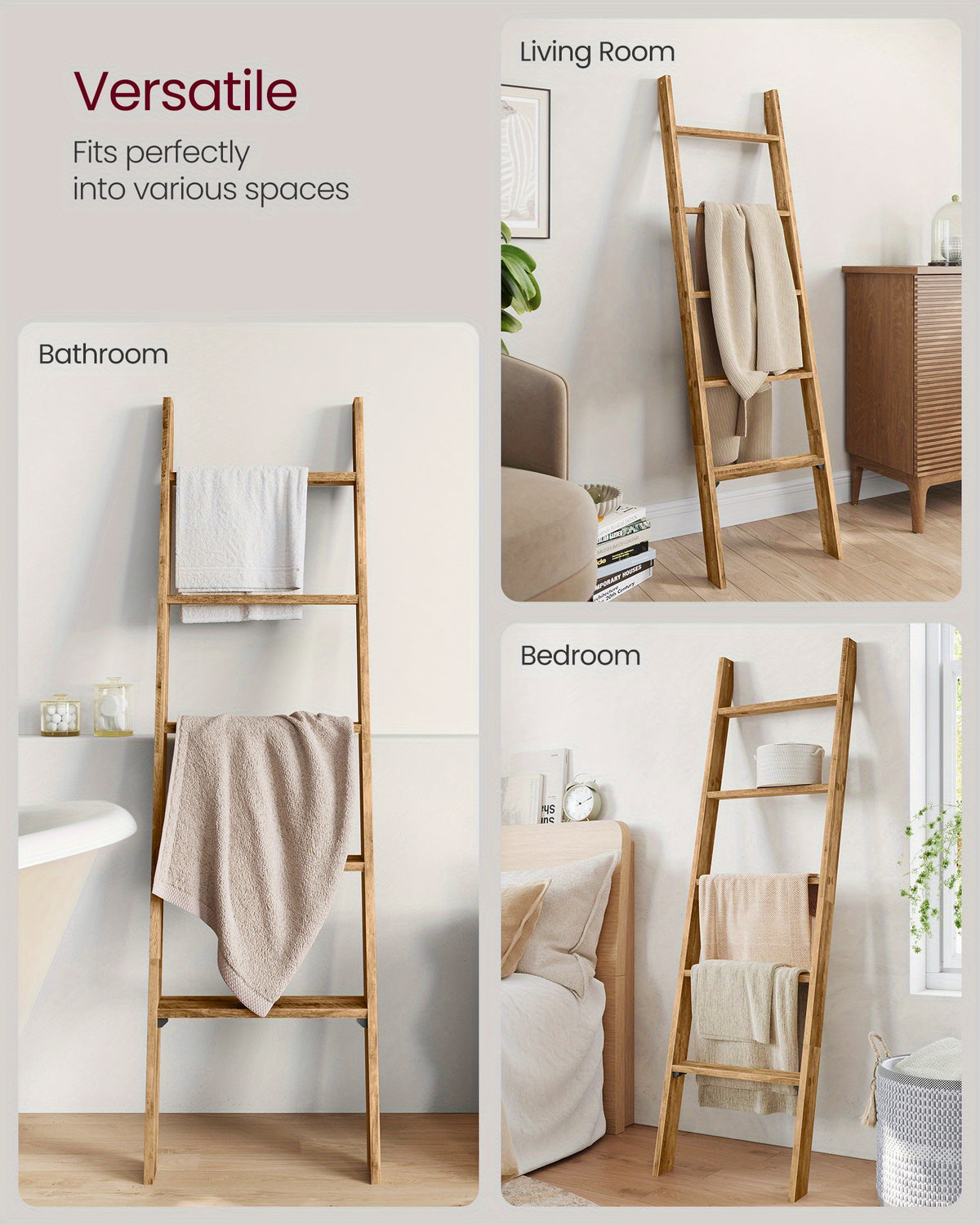 Blanket Ladder 5 Tier Farmhouse Decorative, Wood Ladder Rack for Blankets Towels & Quilts, 2-in-1 Ladder Shelf for Living Room Bedroom Bathroom Storage & Decor, Maroon Brown, Holds 17.6 lbs