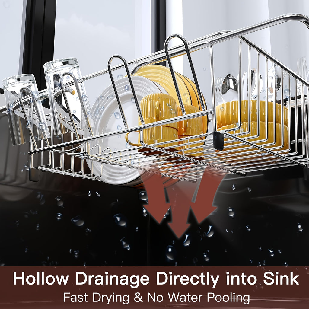Stainless Steel Over-the-Sink Dish Drying Rack & Colander Strainer Basket with Expandable Grip – Heavy-Duty Sink-Mounted Dish Drainer for Vegetable Washing & Space-Saving Kitchen Organization