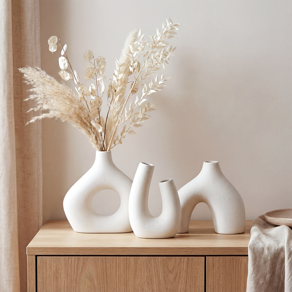 Ceramic Vase Set 5 Pieces Matte – Nordic Boho Minimalist Flower Holders for Shelf, Mantle & Entryway Table Decor | Home Decorations