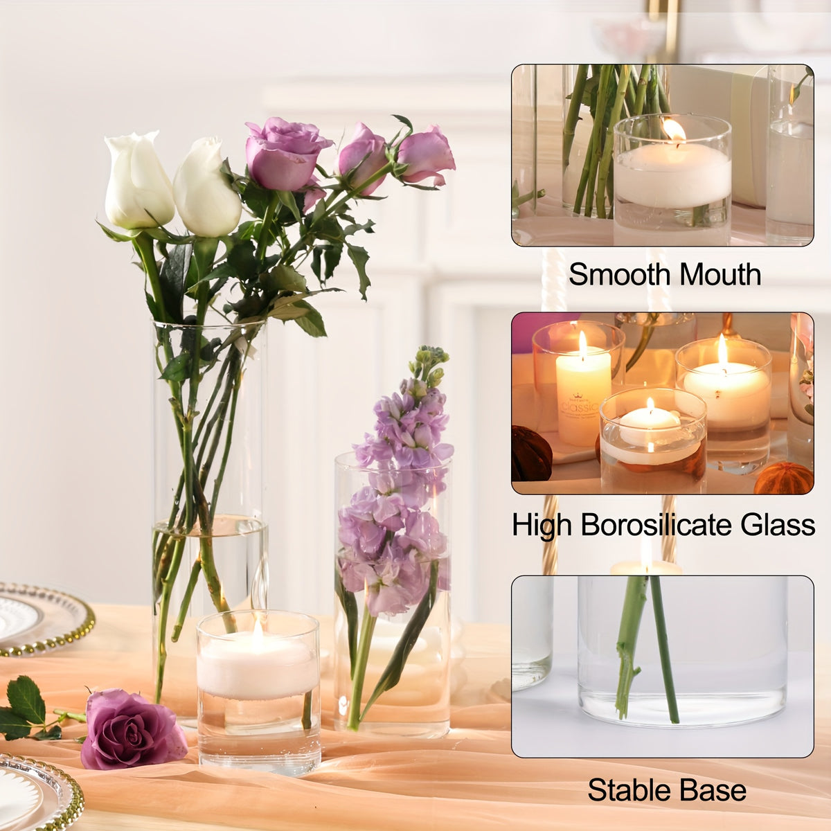 Clear Glass Cylinder Vases 24-Pack 3 Sizes 4/8/12 Inch - Tall Flower Vases, Hurricane Floating Candle Holders for DIY Candle Making, Wedding Table Centerpieces & Home Decor