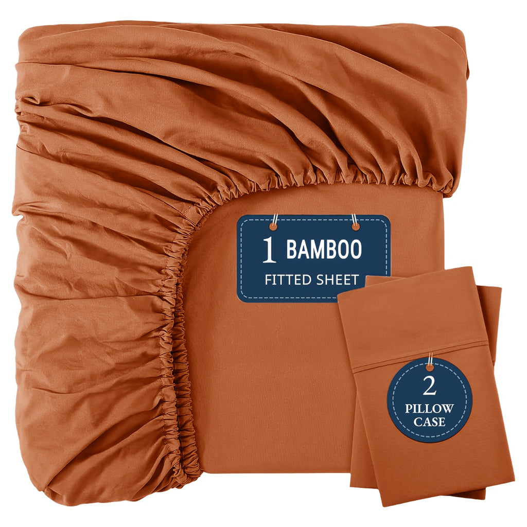 Bamboo Fitted Sheet Set 3pcs Cooling Breathable Soft Deep Pocket – 1 Fitted Sheet & 2 Pillowcases, Fits Mattress Up to 15", Twin Full Queen King, 12 Colors