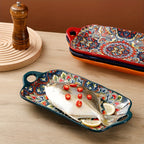 4-Piece Bohemian Ceramic Double-Ear Rectangular Fish Plate Set – Decorative Serving Platter & Baking Tray for Pasta, Steak, Sushi, Salad & Western Cuisine