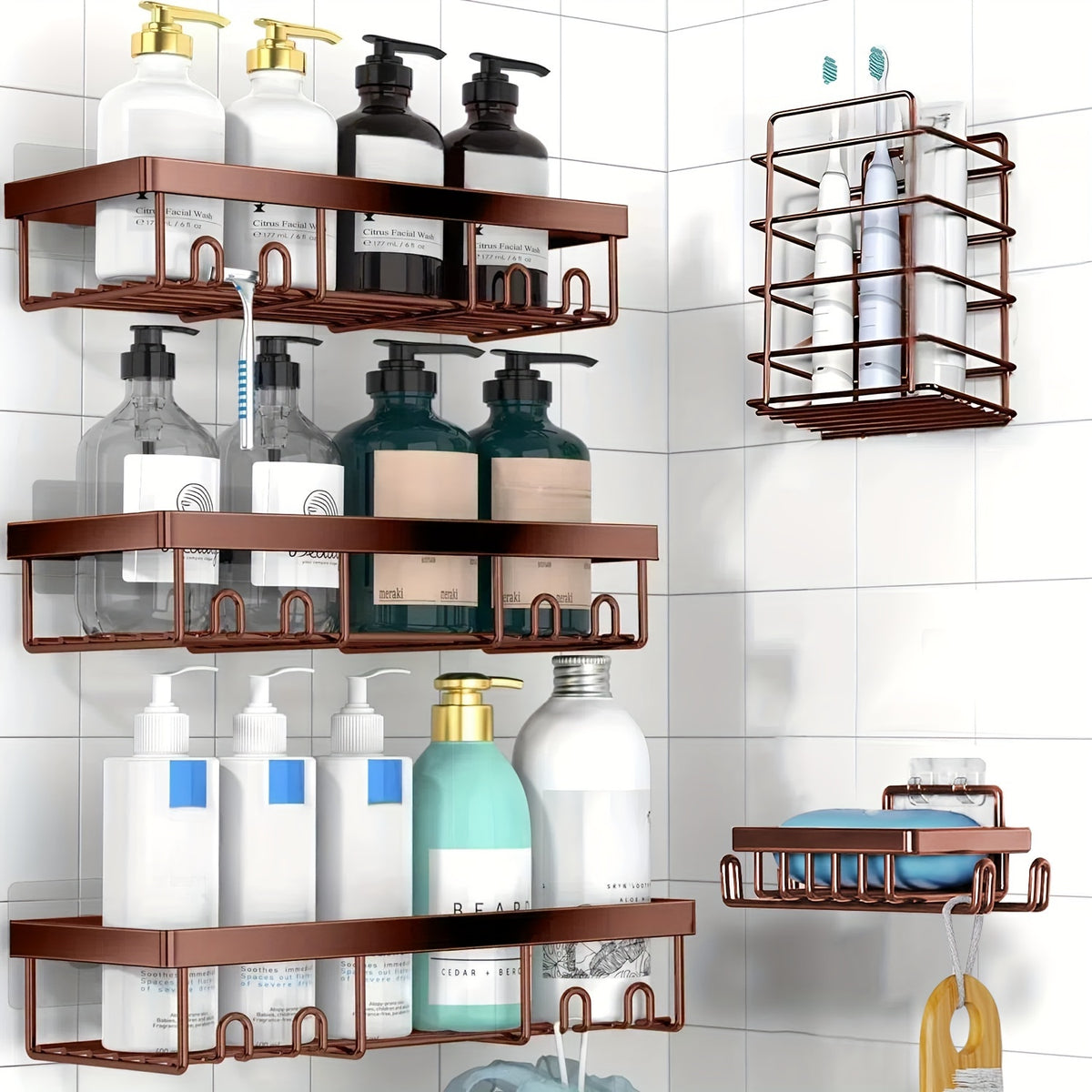 Shower Caddy 5 Pack Self-Adhesive Stainless Steel Shower Organizer Shelf - No Drilling Wall Mounted Bathroom Storage Rack, Large Capacity Rustproof Shower Basket - 10 Color Options