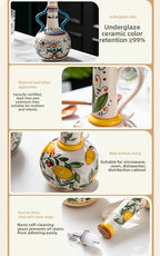 Hand-Painted Ceramic Oil & Vinegar Dispenser Set, Anti-Drip Leak-Proof Underglaze Kitchen Condiment Bottles with Oil Spout & Foot Pad, Artisan Table Serveware, Great Housewarming Gift