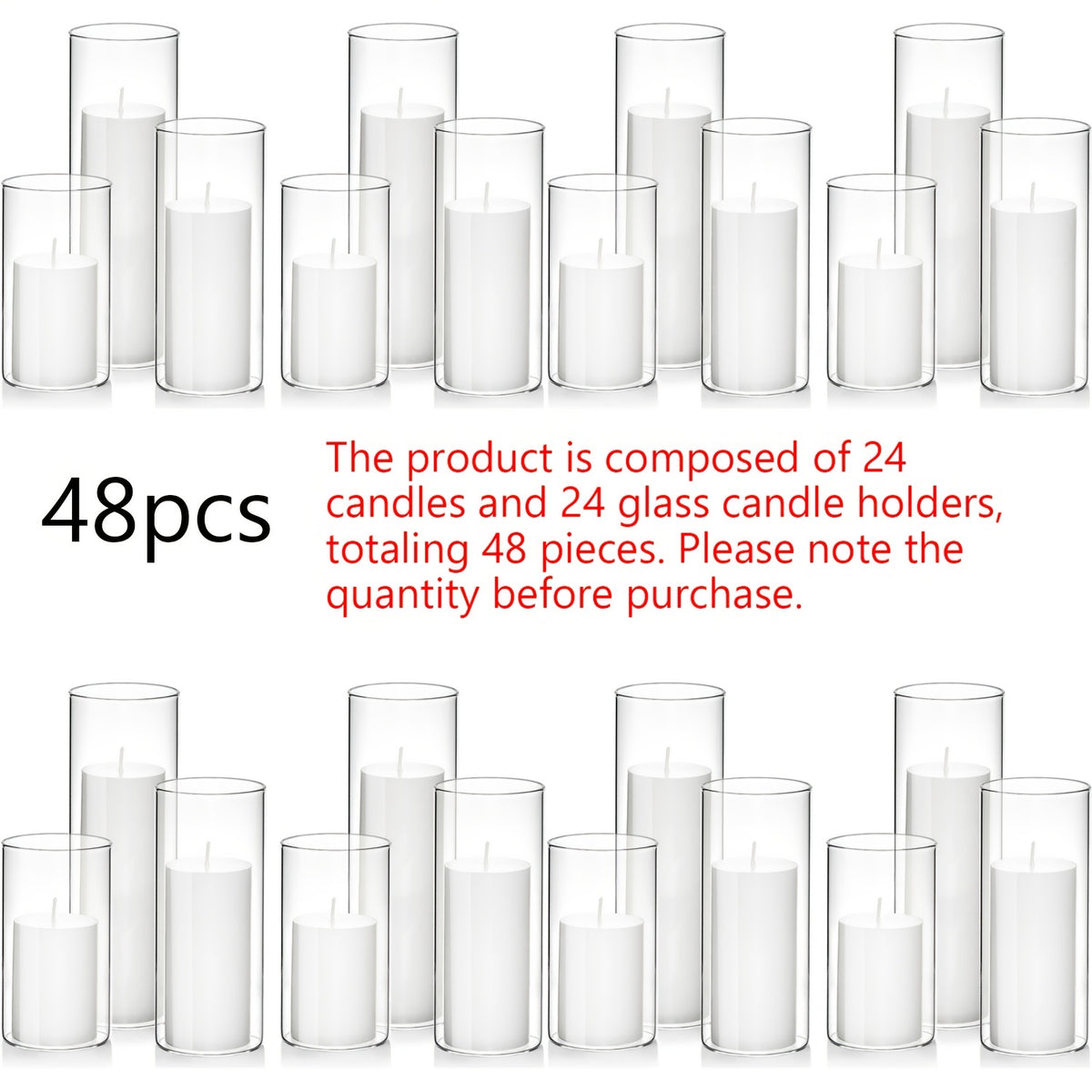White Pillar Candles with Clear Glass Hurricane Candle Holders – Elegant Cylinder Vases for Wedding Centerpieces, Parties, Home & Office Decor, Table Decorations