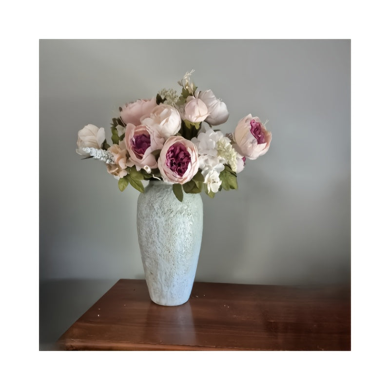 Faux Peonies and Hydrangeas Floral Centerpiece Vintage Rustic Pink Green Mix Artificial Flowers for Bridal Wedding Table Home Living Room Decor