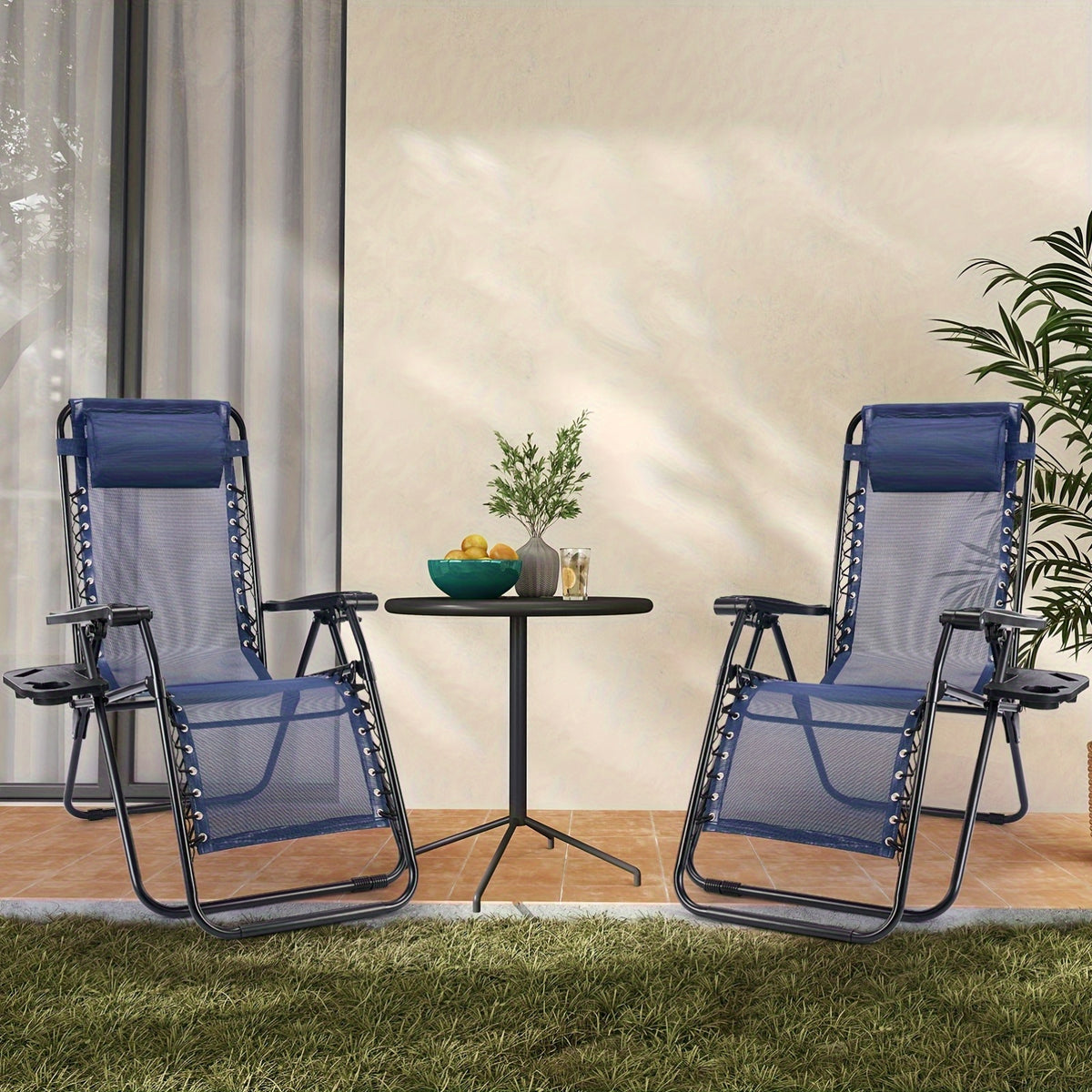 Zero Gravity Recliner Chair Outdoor Folding Lounge Chair 2 Pack – Beach Camping Patio Chair with Cup Holder, Adjustable Pillow for Poolside, Backyard & Lawn | Black, Blue