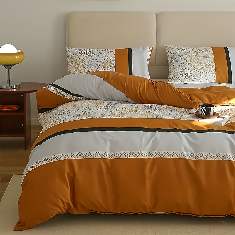 Striped Duvet Cover Set 3 Piece – Orange & Gray Stripe Soft Cozy Bedding, Zip Closure, 1 Duvet Cover + 2 Pillowcases, Machine Washable, All Season, Twin Full Queen King Multiple Sizes