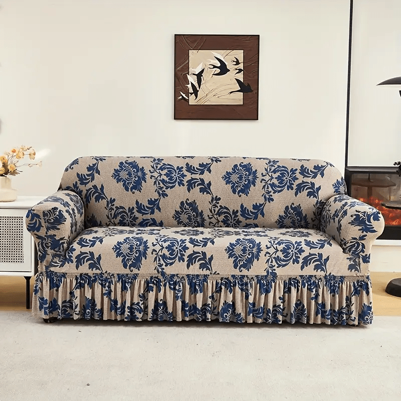 High-Stretch Print Sofa Cover with Non-Slip Fixed Rod All-Season Snug-Fit Couch Slipcover – Stable, Beautiful & Practical Furniture Protector for Living Room, Skirt Style Design
