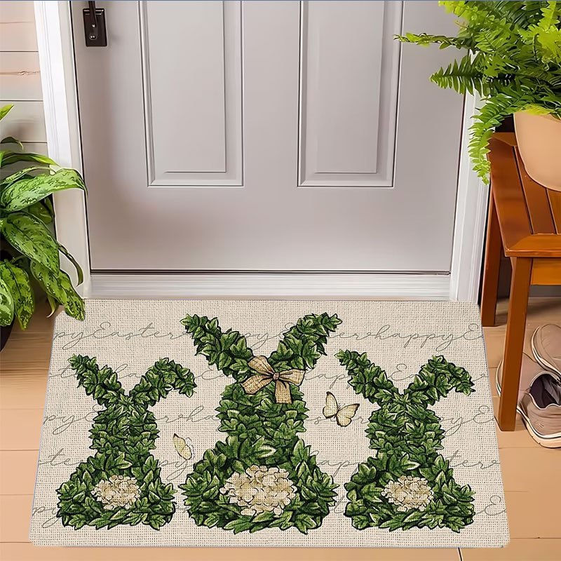 1pc Indoor Entrance Welcome Doormat Outdoor Mat Green Bunny Topiary with Bow and Butterfly Print Pattern Flannel Material Nonslip Comfortable Easy Clean Perfect for Bedroom Living Room or Home Decor Door Mat Ideal Gift for Friends & Family Easter