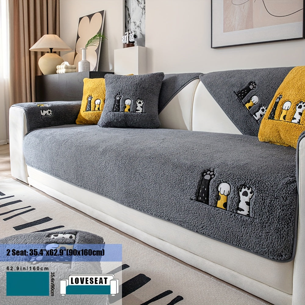 Sherpa Sofa Cover with Cat Paw Embroidery – Thick Plush Non-Slip Couch Slipcover, Pet-Friendly & Machine Washable Furniture Protector