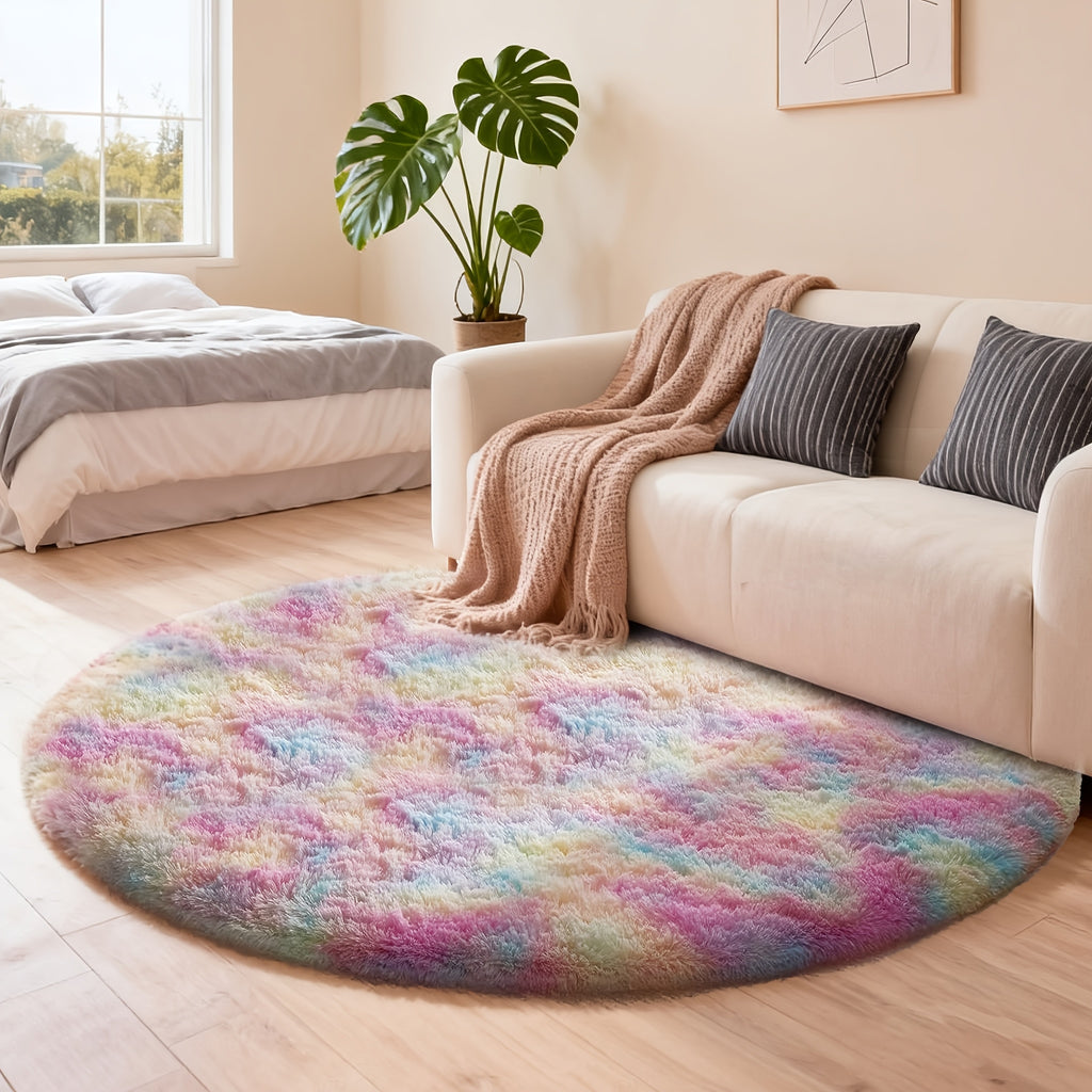 Tie Dye Round Area Rug Soft Plush Shaggy Circle Floor Mat Non-Slip for Living Room Bedroom Dorm – Boho Rainbow & Solid Colors 4x4 5x5 6x6 7x7 8x8 Ft | Home Decor Aesthetic