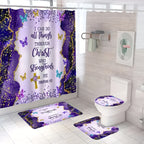 Christian Bible Verse Shower Curtain Set 4 Piece with Hooks Anti-Slip Toilet U-Shaped Pad & Lid Cover – Inspirational Faith Bathroom Decor Gift