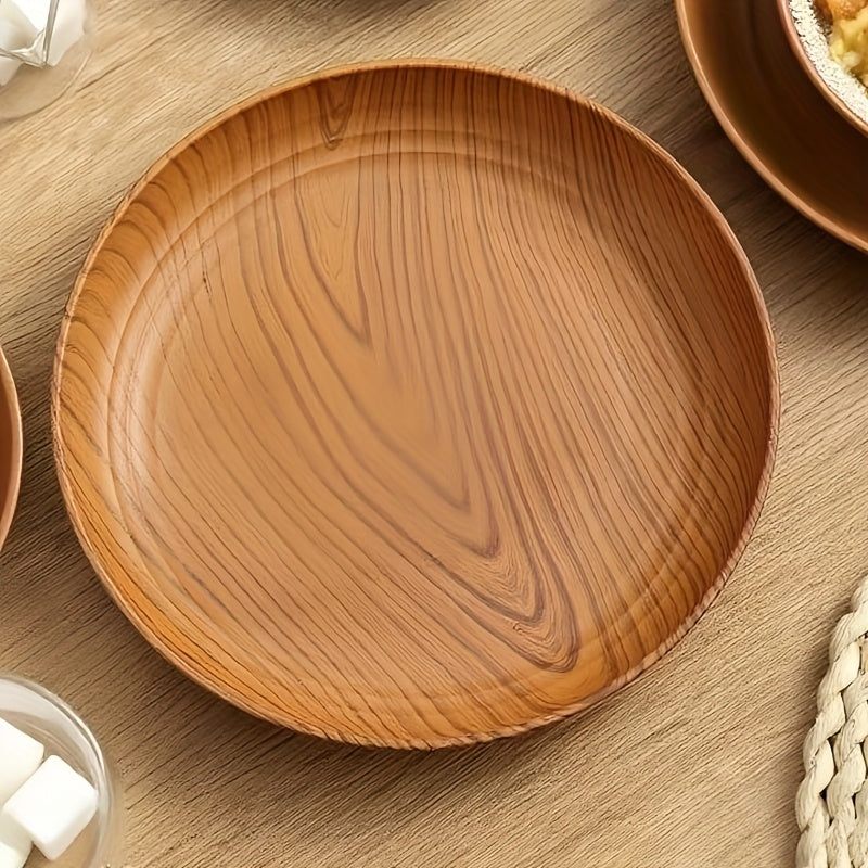 10-Piece Wood Grain Plastic Dinner Plates Round Striped Pattern Luxury Feel for Home Restaurant Dessert Shop Snack Fruit Tea Tray