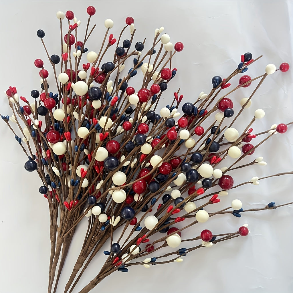 Patriotic Artificial Berry Branches – Set of 5 Red White & Blue Fake Berry Stems for Independence Day, Memorial Day, 4th of July Tabletop & Home Decor, Plastic Floral Picks