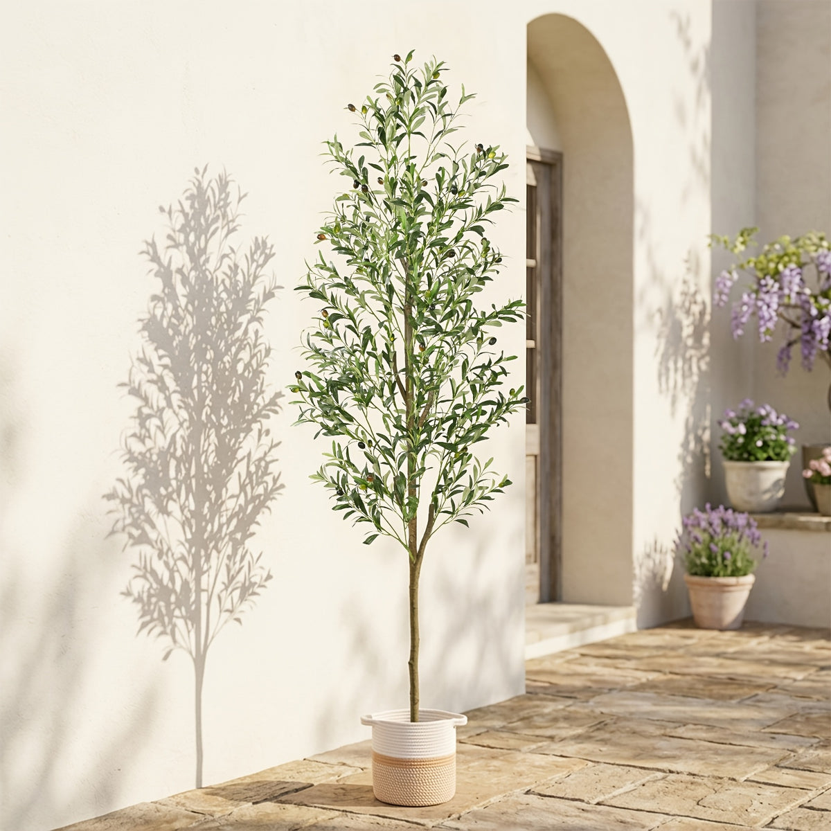 Artificial Olive Tree with Basket, Planter & Moss 5ft 6ft 7ft – Tall Indoor Fake Olive Plant with Realistic Wood Trunk, Lifelike Branches & Fruits for Office, Living Room & Spring Summer Home Decor