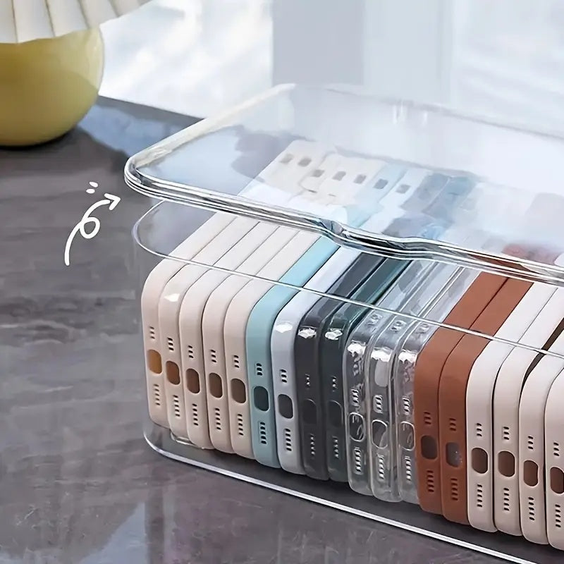 Acrylic Clear Desktop Storage Box with Lid – Smartphone Case Holder & Desk Drawer Organizer for Home Office Accessories, Storage Bins for Home Organization