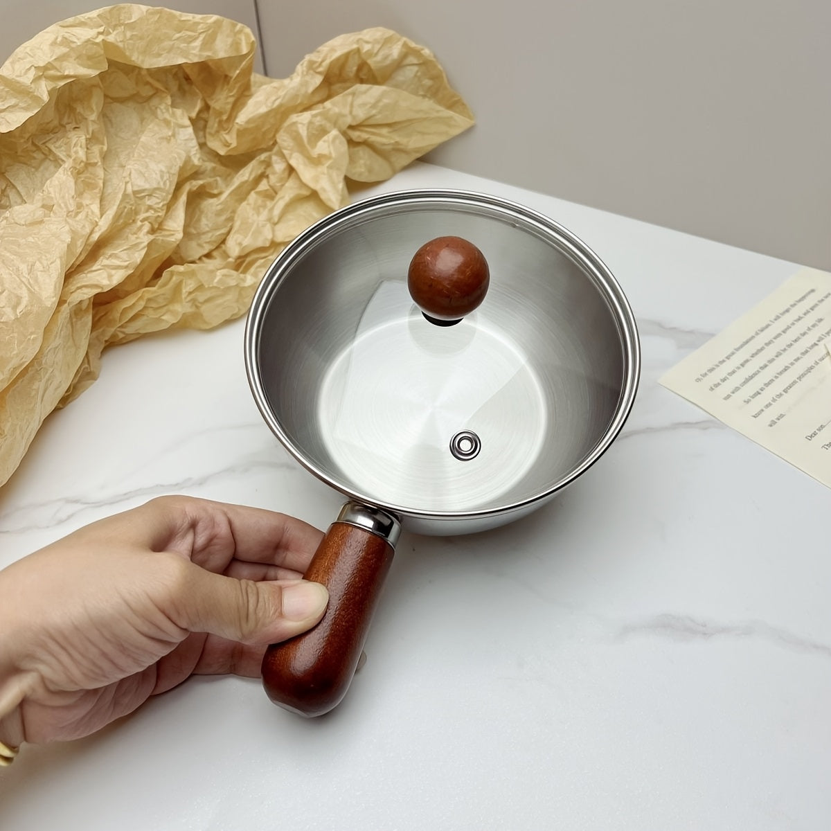 304 Stainless Steel Uncoated Small Frying Pan with Walnut Handle – Physical Non-Stick, Healthy & Durable | Uniform Heat | Easy to Clean | Breakfast, Salad & Dessert