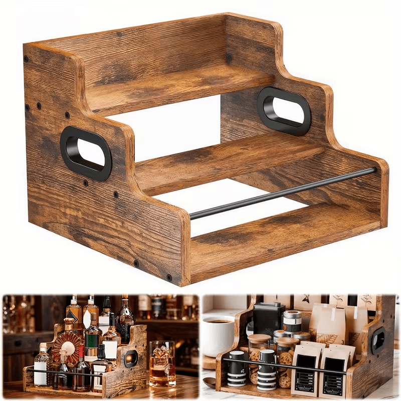3-Step Solid Wood Liquor Bottle Display Shelf Countertop Wine Rack Bar Organizer for Whiskey Spirits Coffee Syrup Spice Bottles Home Bar Kitchen
