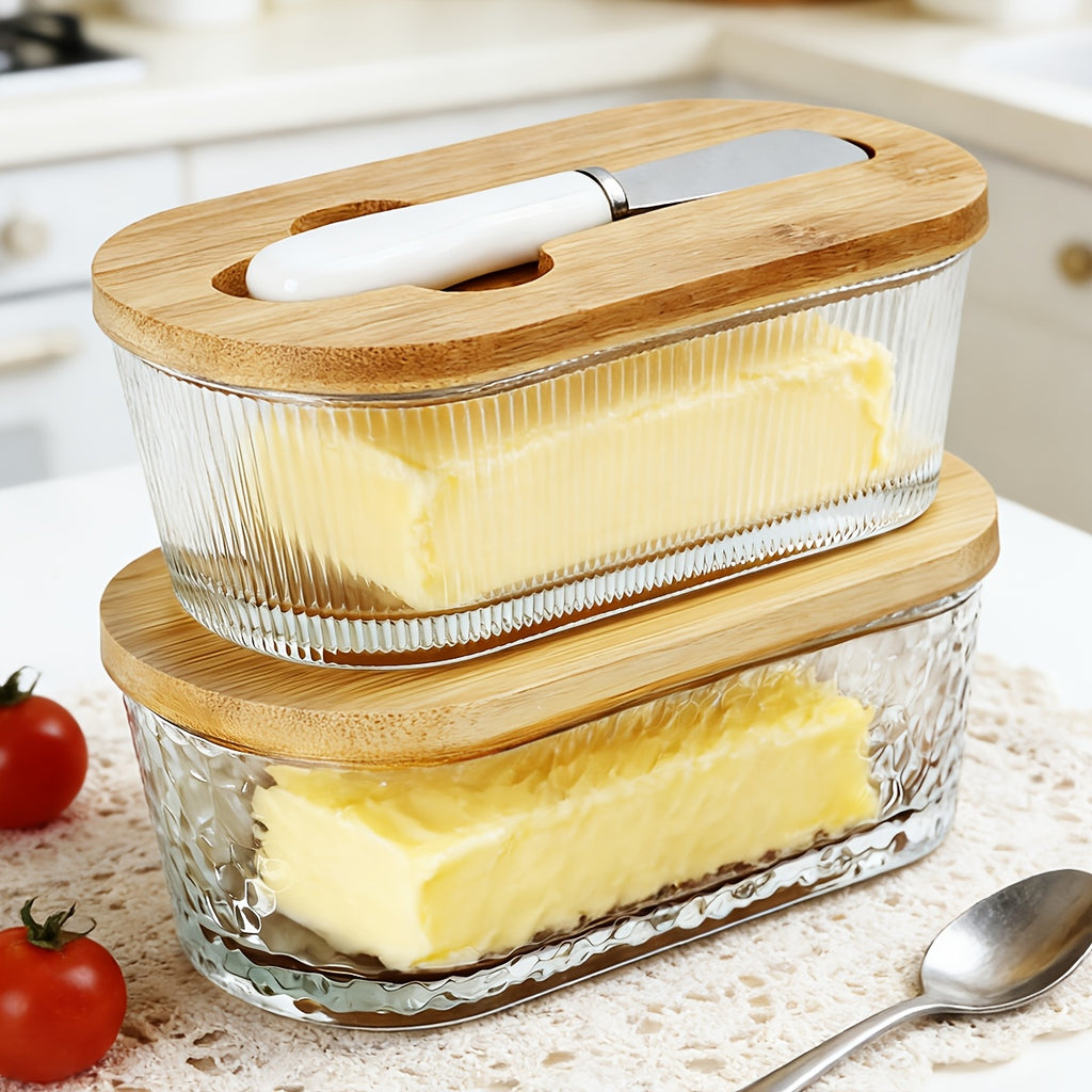 Airtight Glass Butter Dish with Lid Stripe and Crystal Pattern Butter Keeper for Countertop and Refrigerator Hygienic Covered Butter Tray for Kitchen Storage