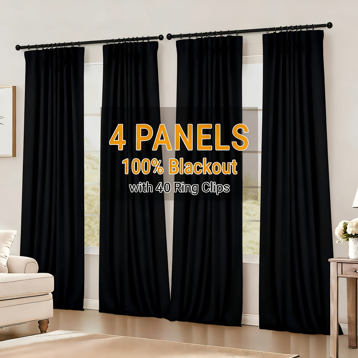 Blackout Curtains for Bedroom 4 Panels Set – 100% Full Light Blocking Textured Thick Drapes with Grey Liner, Rod Pocket, Room Darkening Window Curtains for Living Room, 50W x 84/96/108 Inch Long