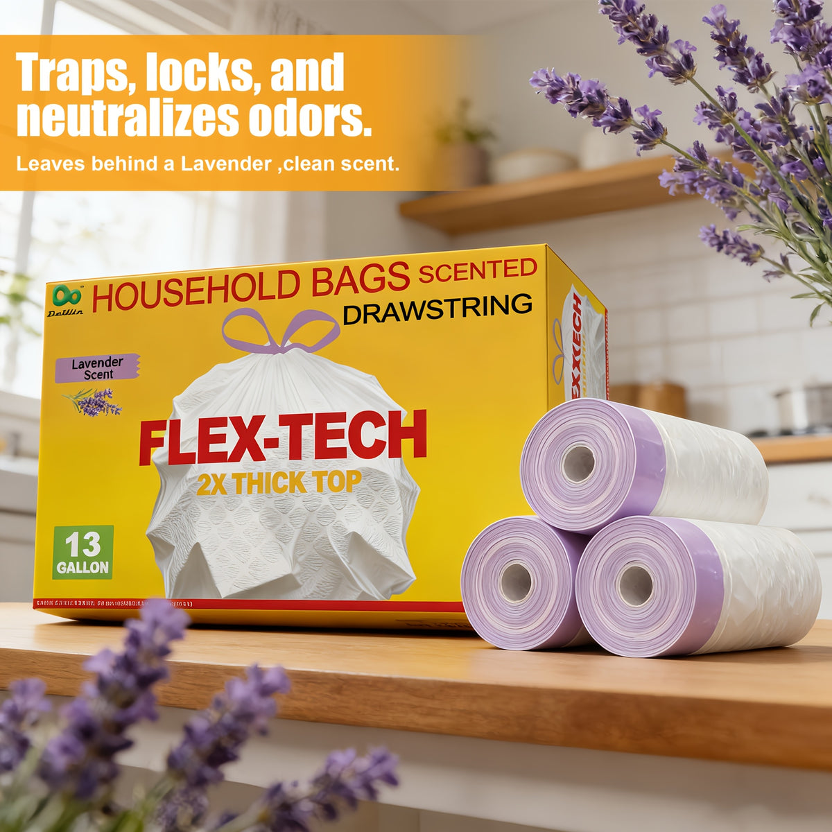 Lavender Scented Trash Bags 13 Gallon 55, 110 or 165 Count – Heavy-Duty Drawstring Garbage Bags, Expandable Leak-Proof Puncture-Resistant, Kitchen & Home Waste Bags White