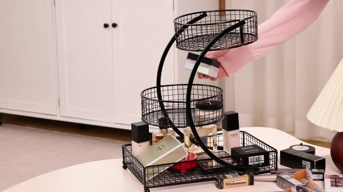 3-Tier Metal Makeup & Cosmetic Storage Rack, No-Install Countertop Organizer for Vanity, Dressing Table & Bathroom — Modern Tabletop Display Shelf, White & Dark