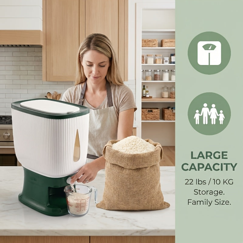 Rice Dispenser Large Capacity 22LB 6-Chamber Sealed Grain Storage Container with Measuring Cup & Transparent Window – Moisture & Insect Resistant One-Click Pantry Organizer for Rice Beans Flour Pet Food