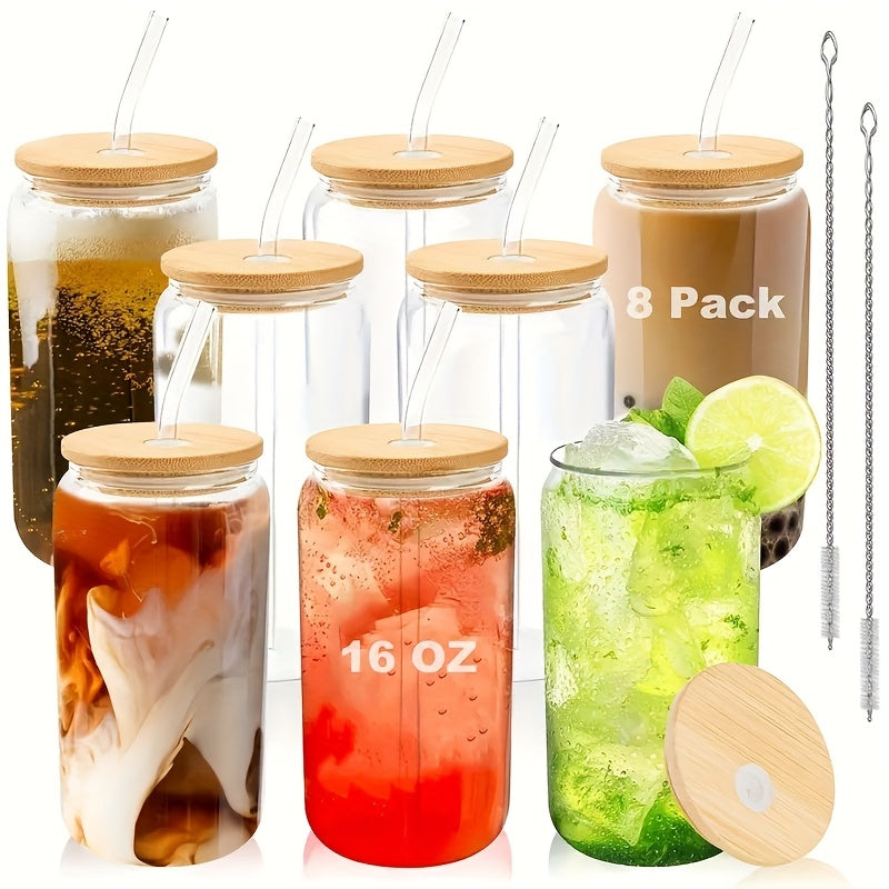 Insulated Drinking Glasses with Lids and Straws 16oz | Reusable Glass Cups Set for Iced Coffee Tea Smoothies Parties