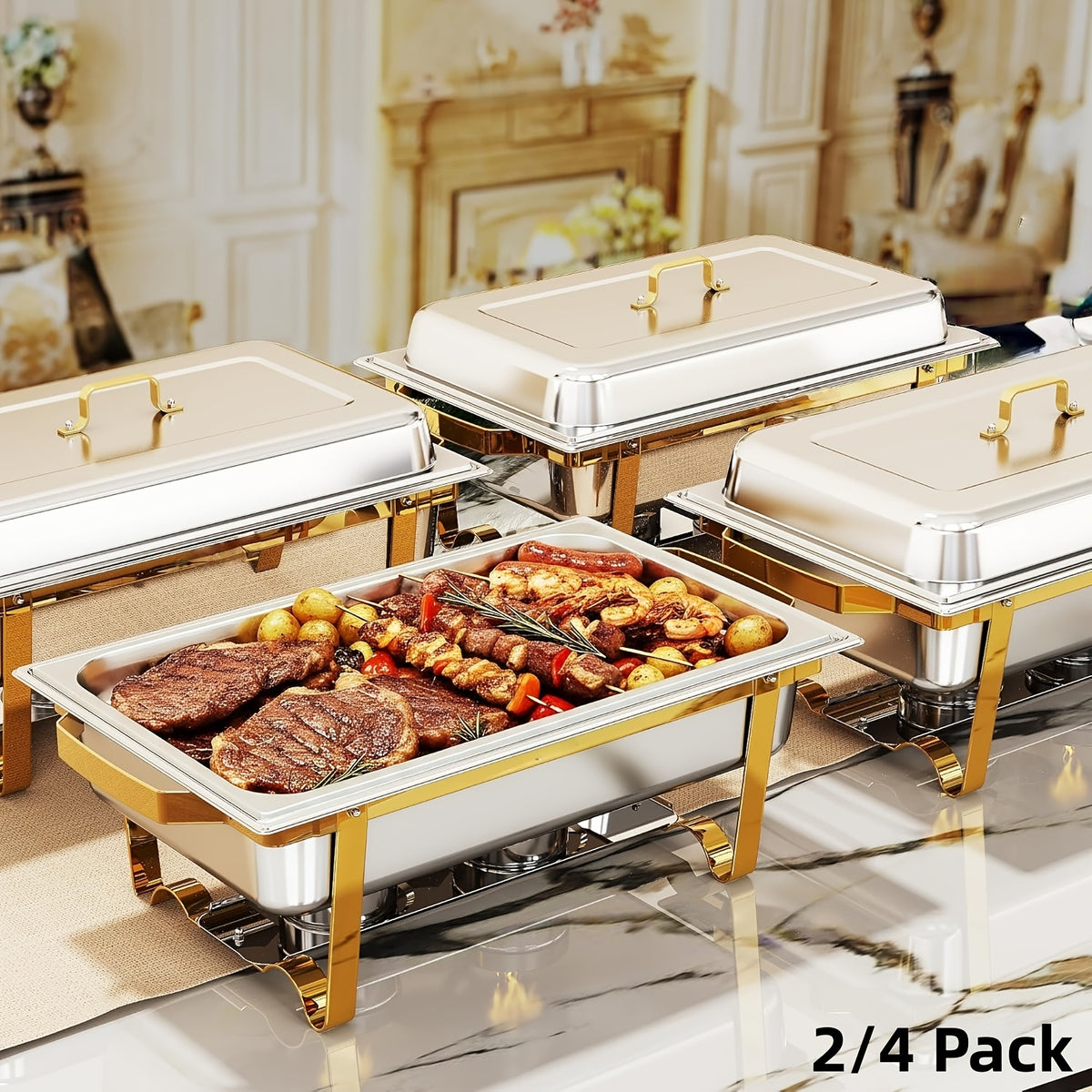 Golden Chafing Dish Buffet Set 9QT Stainless Steel Chafer with Full-Size Pans – Elegant Gold & Silver Finish Food Warmer for Weddings, Parties, Banquets & Catering Events (2 or 4 Pack)