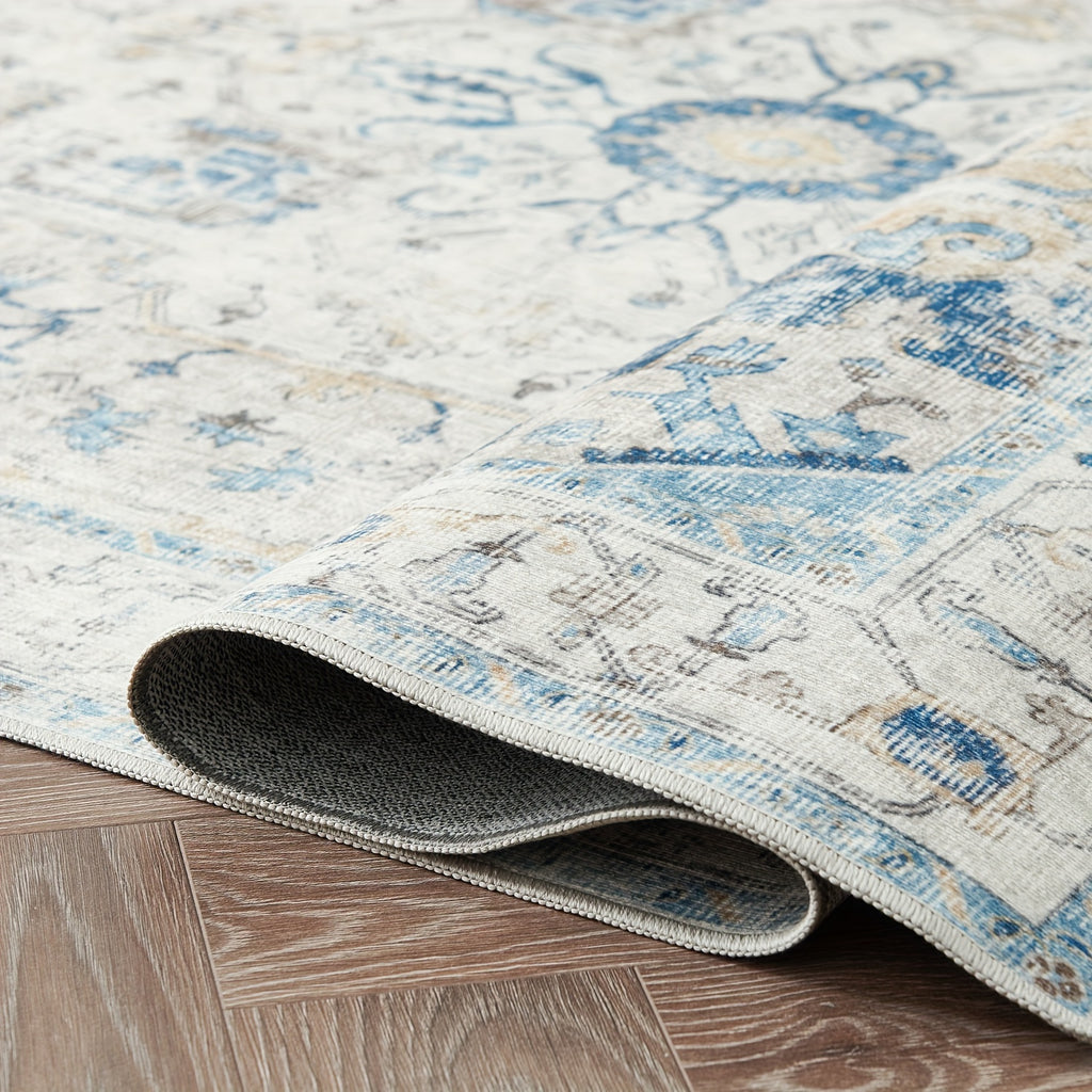 Washable Vintage Area Rug - Chenille Retro Distressed Multi-Print Foldable Lightweight Accent Rug for Entryway Bathroom Kitchen Living Room and Bedroom