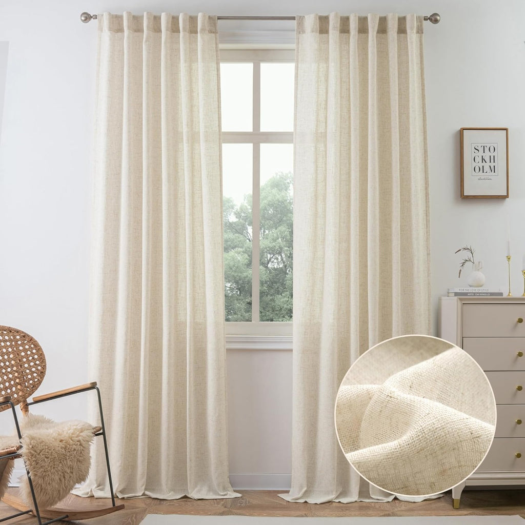 Linen Semi-Sheer Curtains 2 Panels Real Flax Light Filtering Drapes - Boho Farmhouse Window Curtains for Living Room Bedroom, 10 Colors Multiple Lengths Privacy Window Treatment