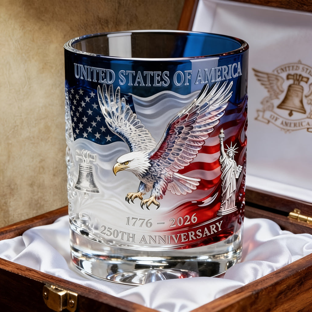 Patriotic Engraved Drinking Glass – USA 250th Anniversary Commemorative Edition, Deep Etched Relief Borosilicate Glass with HD Surround Print, Gift for Veterans & Men