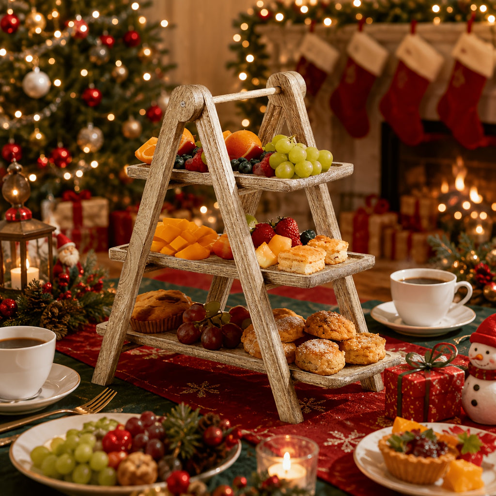 3 Tier Wood Dessert Stand Foldable Natural A-Frame Tray for Wedding Party Home Hotel Restaurant Event Cupcake Cake Display Sturdy Serving Stand