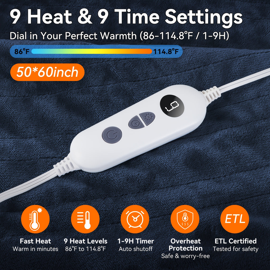 Electric Heated Blanket Soft Flannel 10 Temperature Levels Dual Control – PTC+NTC Overheat Protection, Machine Washable, for Couples Bedroom & Winter Home Use