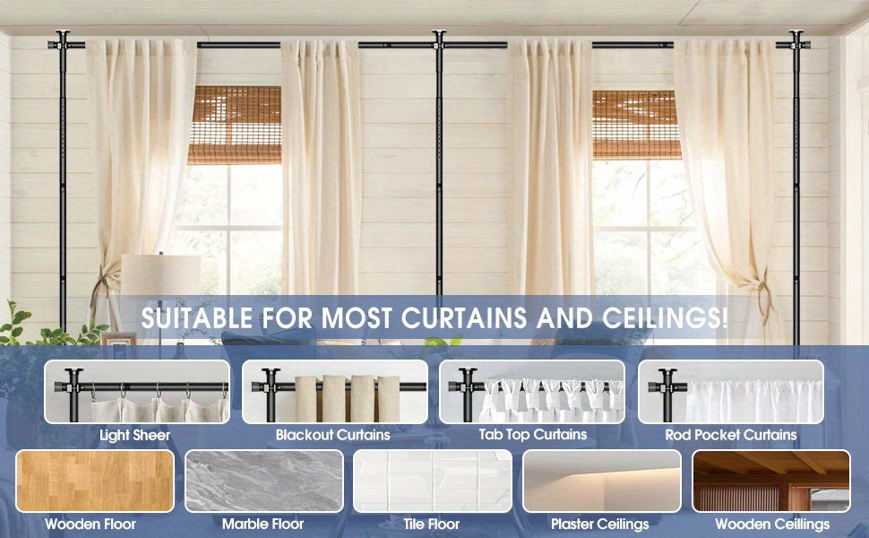 Room Divider Curtain No Drill Floor to Ceiling Tension Rod Adjustable Privacy Screen 4-10ft Height 29-146in Width Metal Frame Bedroom Office Renters Black
