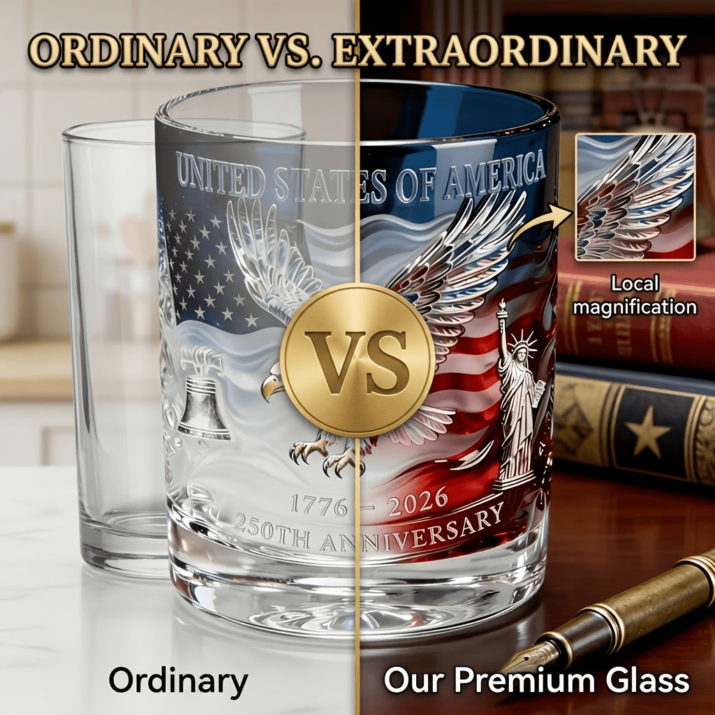 Patriotic Engraved Drinking Glass – USA 250th Anniversary Commemorative Edition, Deep Etched Relief Borosilicate Glass with HD Surround Print, Gift for Veterans & Men