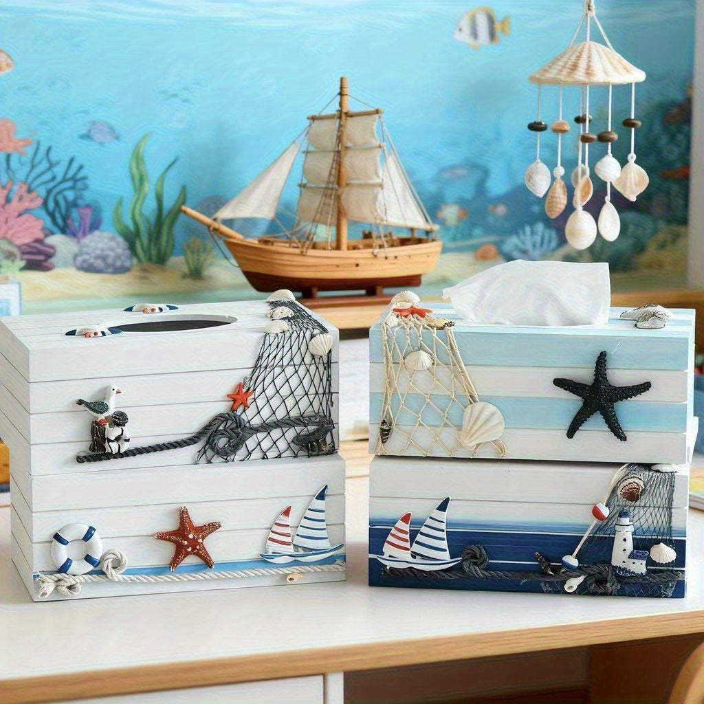 Nautical Tissue Box Cover Coastal Decor - Decorative Wood Tissue Dispenser with Rope & Sailboat Detail, Beach Theme Tissue Holder for Living Room, Bathroom & Office, Mediterranean Style Home Accent