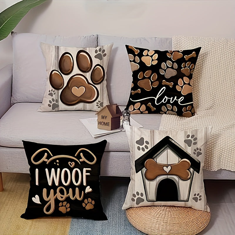 Dog Paw Print Pillow Covers Set of 4, 18x18 Inch Black Double-Sided Rustic Cottage Cushion Covers with Zipper, Outdoor Porch Home Decor Gift for Dog Lovers & Pet Owners