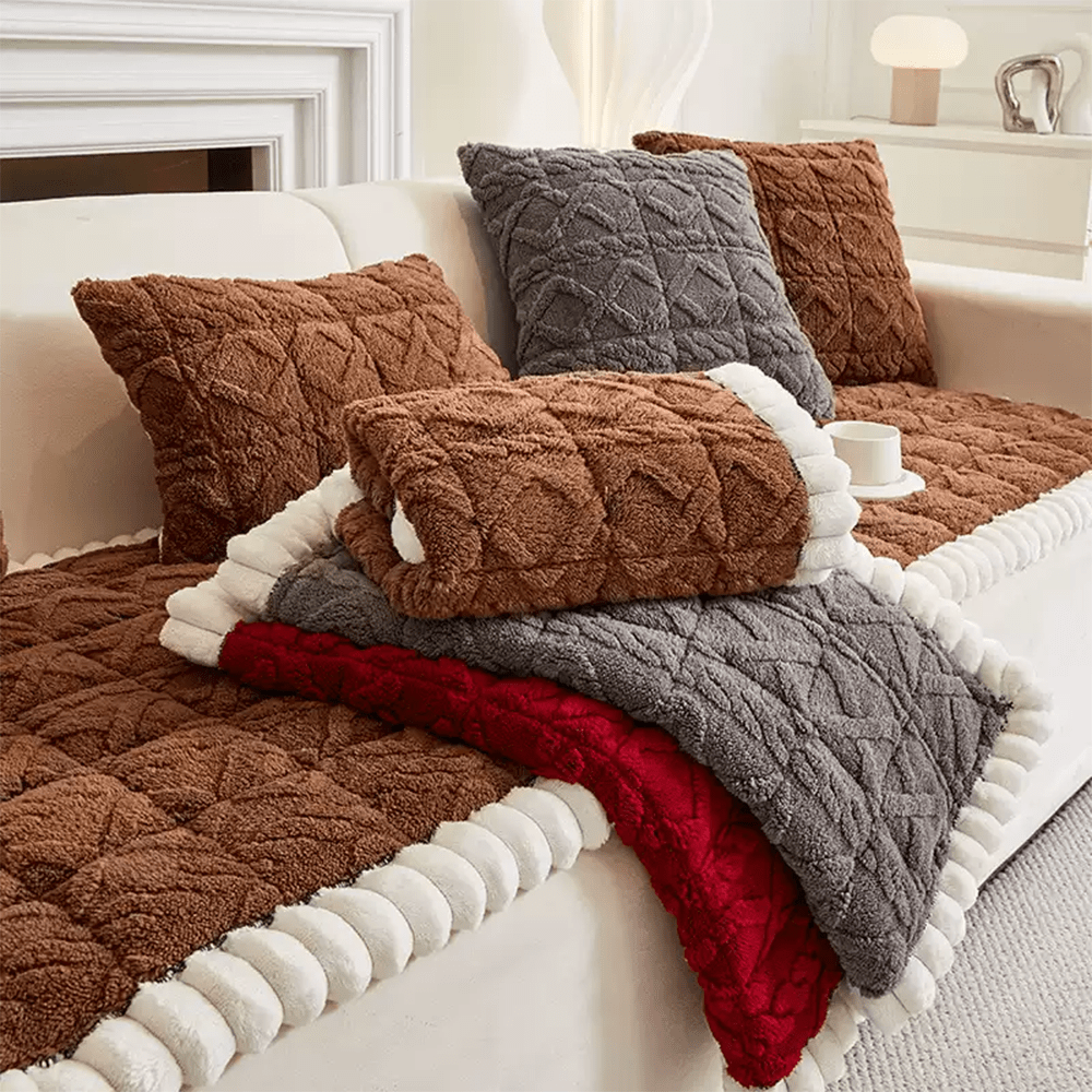 Plush Fleece Sofa Cover Non-Slip Machine Washable Thick Warm Slipcover Seat Cushion Mat for Armchair Couch Swing Bench 1 2 3 4 Seater Living Room Bedroom Office Coffee Grey White