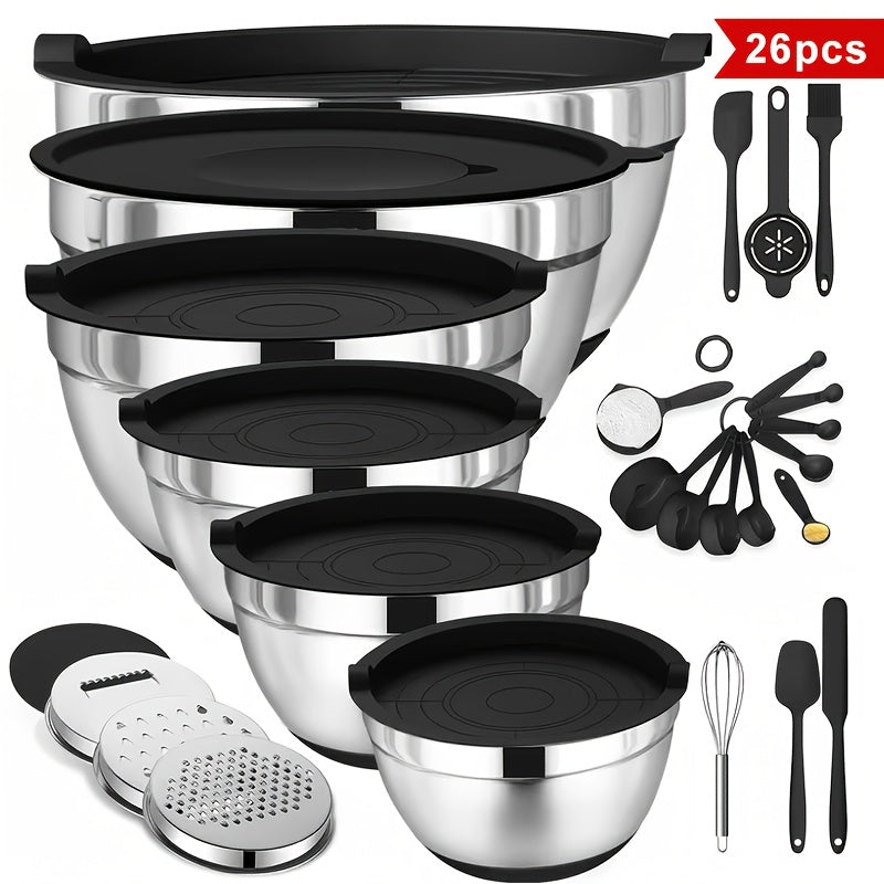 26-Piece Stainless Steel Mixing Bowl Set with Lids & Kitchen Tools – 6 Bowls (1.1–4.5 QT), Anti-Slip Silicone Base, Ideal for Baking, Salad & Meal Prep