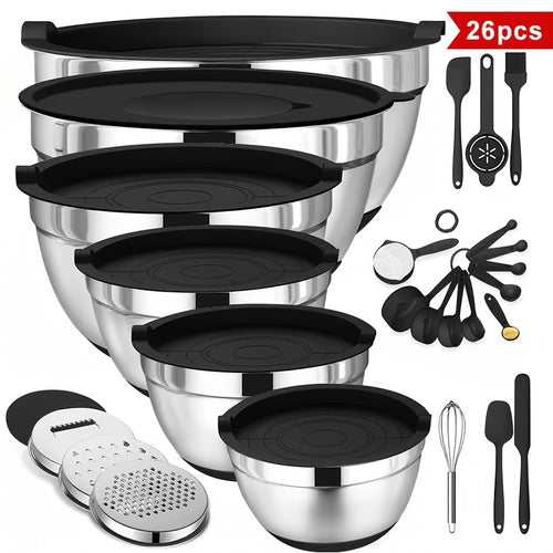 26-Piece Stainless Steel Mixing Bowl Set with Lids & Kitchen Tools – 6 Bowls (1.1–4.5 QT), Anti-Slip Silicone Base, Ideal for Baking, Salad & Meal Prep