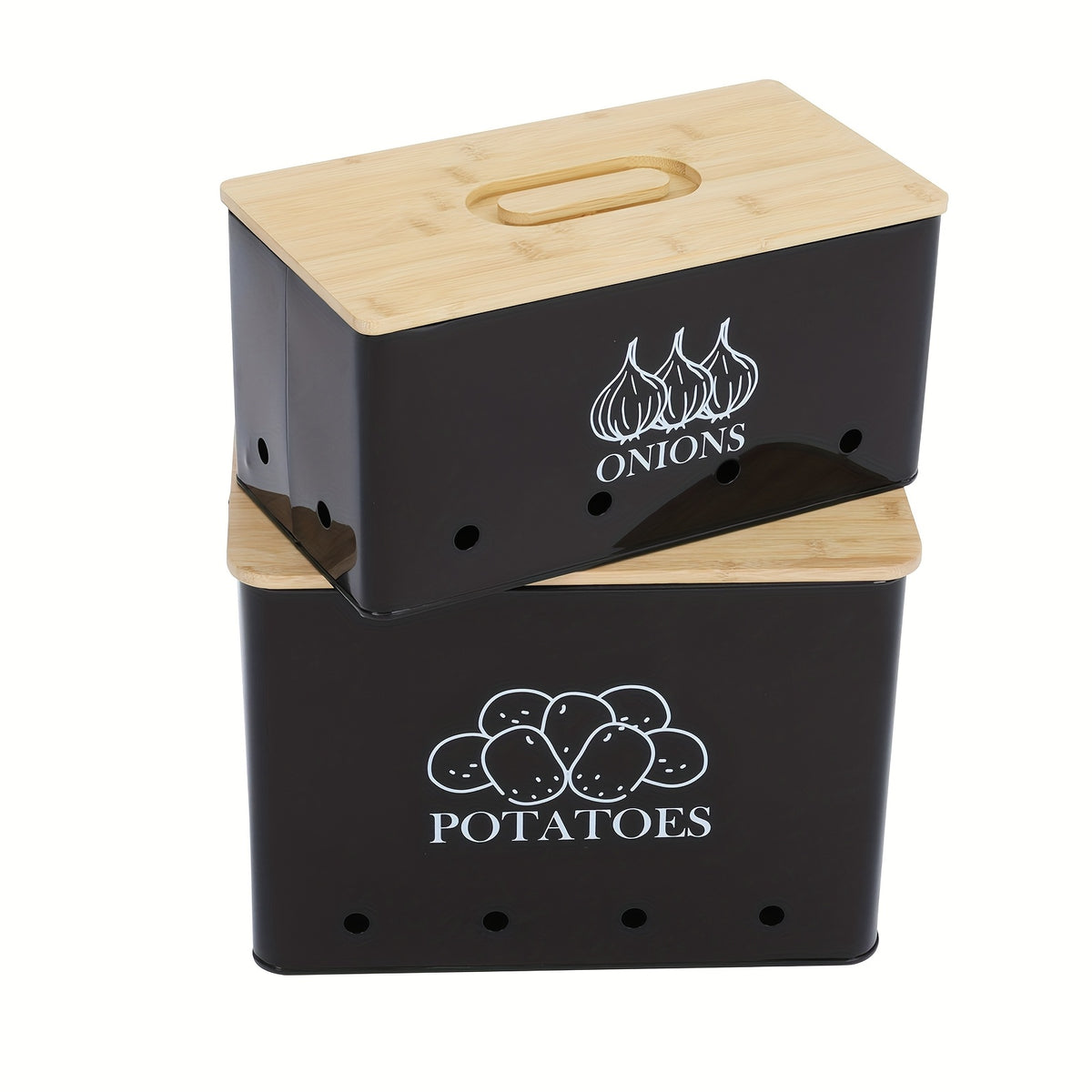 Potato and Onion Storage Bin 2-Pack Large Metal Kitchen Canisters with Bamboo Lid Flip Top for Vegetable Pantry Organization – Green Grey Black White