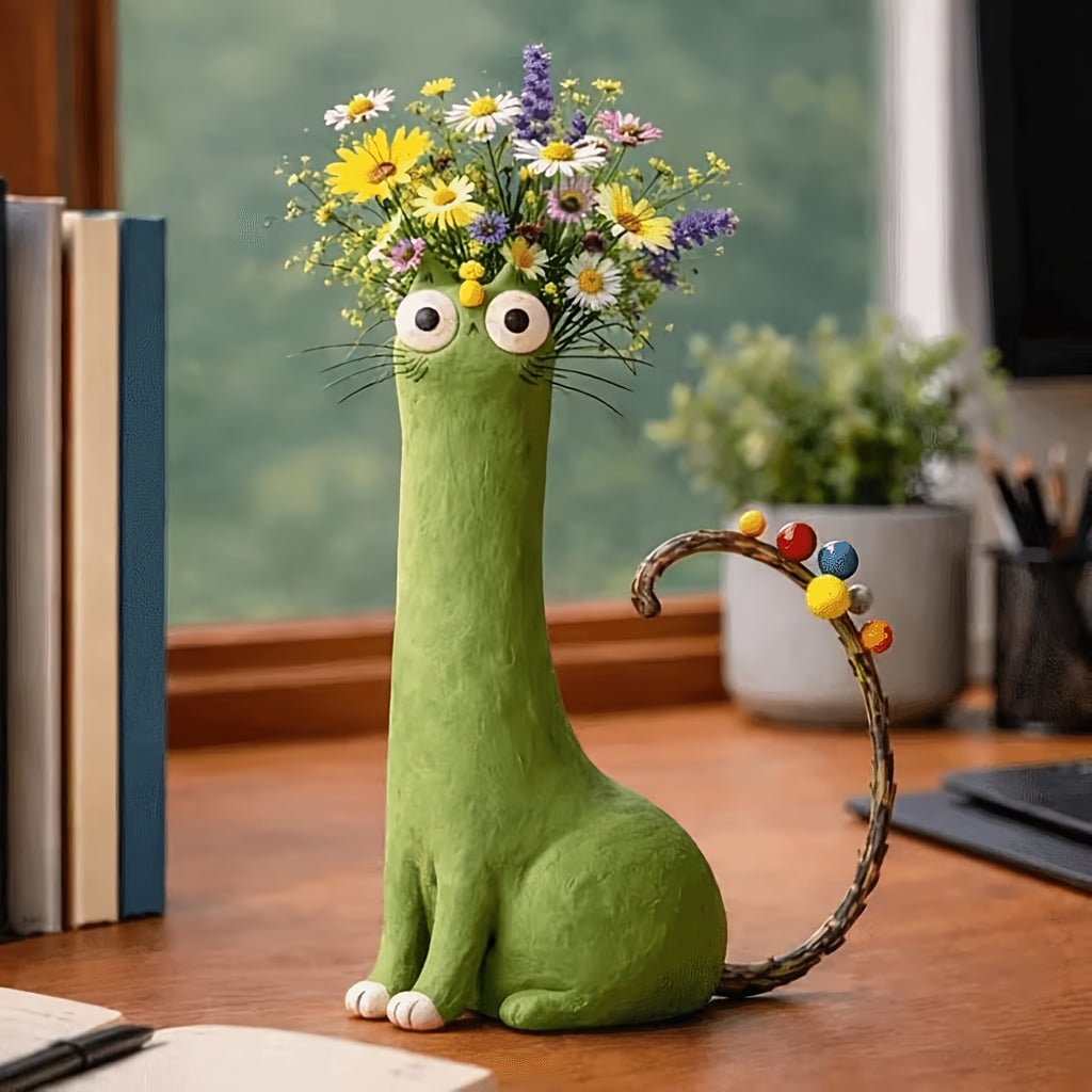 Bohemian Cat Shaped Vase & Flower Pot – Retro Style Plastic Animal Planter, Desktop Shelf Decor & Unique Gift for Cat Lovers, Room Centerpiece & Plant Holder